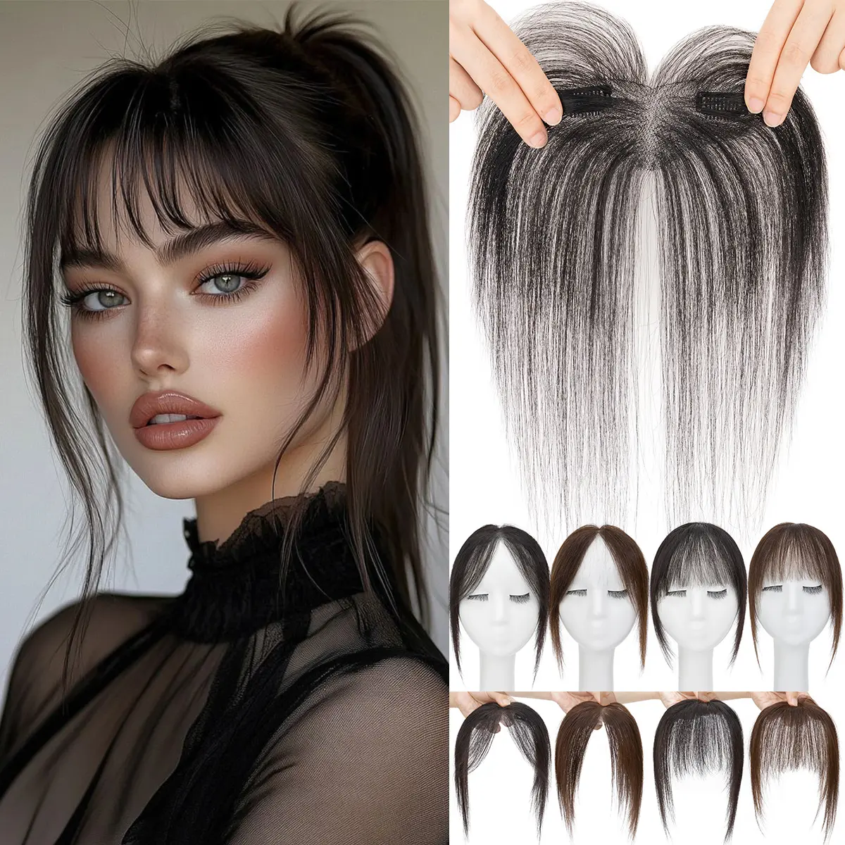 Clip Human Hair Bangs - Straight Bangs, Full Hand-woven Base, 360° Coverage Bangs Clip-in Wig, Comfortable and Breathable, Easy to Wear, Suitable for Daily Use Sleek Modern
