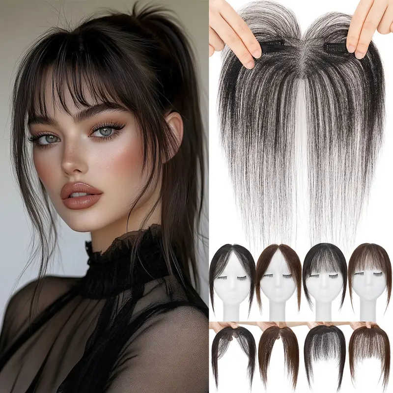 Clip Human Hair Bangs - Straight Bangs, Full Hand-woven Base, 360° Coverage Bangs Clip-in Wig, Comfortable and Breathable, Easy to Wear, Suitable for Daily Use Sleek Modern