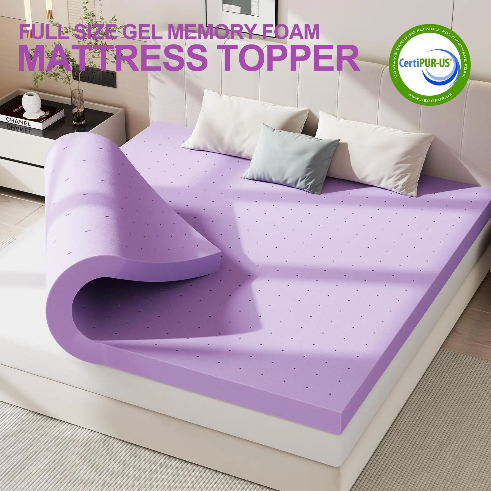 【Deal】Full Size Cooling Gel Memory Foam Mattress Topper, Premium Mattress Toppers for Improved Sleep Quality, Cooling Mattress Topper,Purple