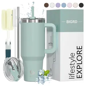 BIGRD 890ml Insulated Coffee Cup Travel Mug Double-Walled Stainless Steel Vacuum Leak-Proof Drinking Cup with Handle and Straw Thermal Tumbler Flasks