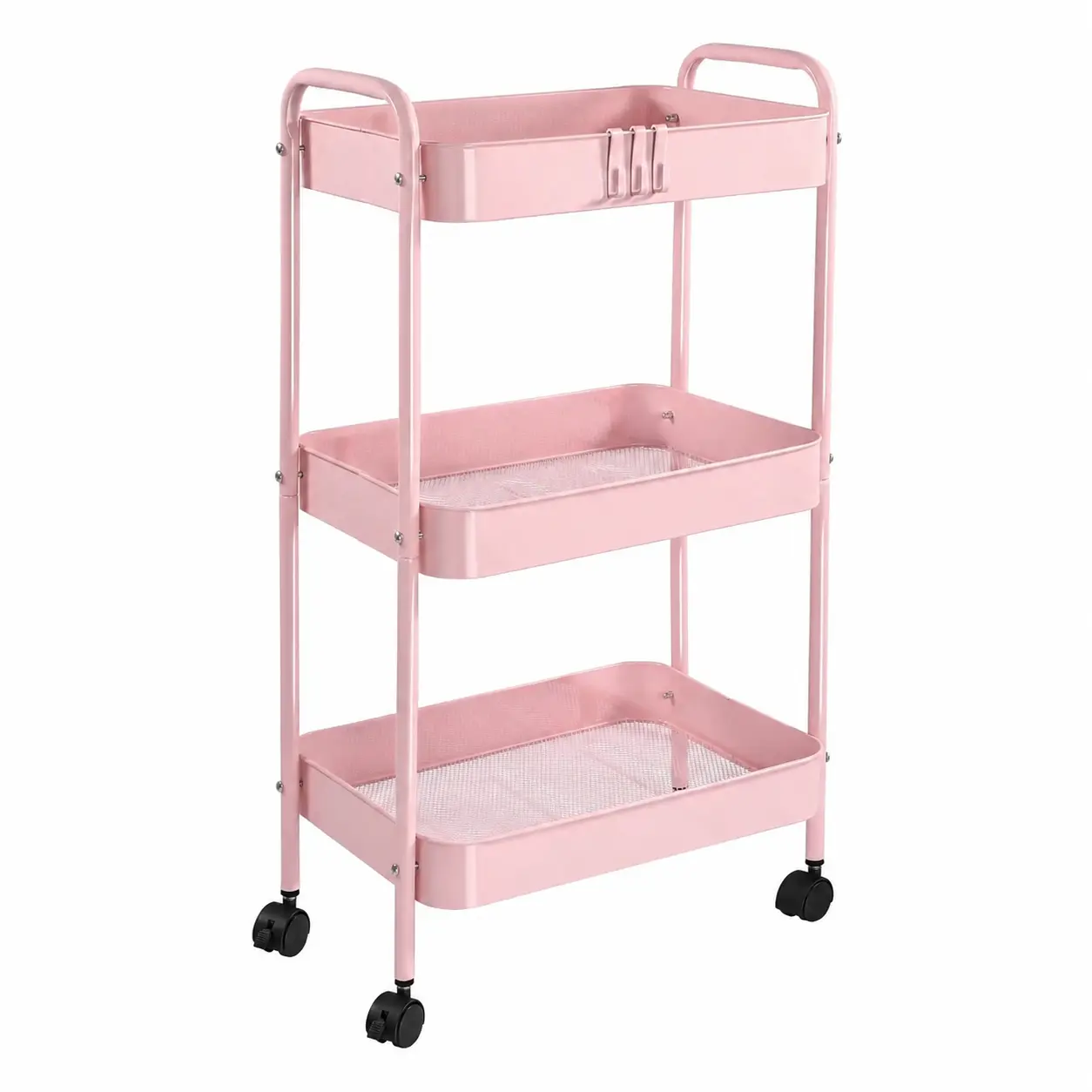 3-Tier Rolling Utility Cart with Wheels & 4 Hooks, Metal Storage Organizer for Kitchen, Bathroom, Office, Dorm, Craft, Home, Pink – Space-Saving Mobile Storage Cart