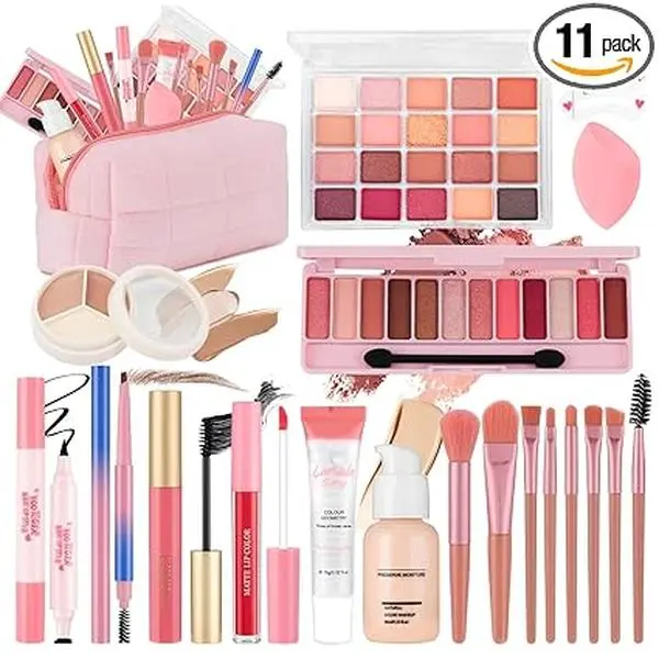 All In One Makeup Kit for Teen Girls Beginners with Foundation, Eyeshadow, Lipstick, Eyeliner, Mascara, Brushes, Bag, Travel Friendly Make Up Smooth Cosmetic, Makeup Products Six-In-One Makeup Sets