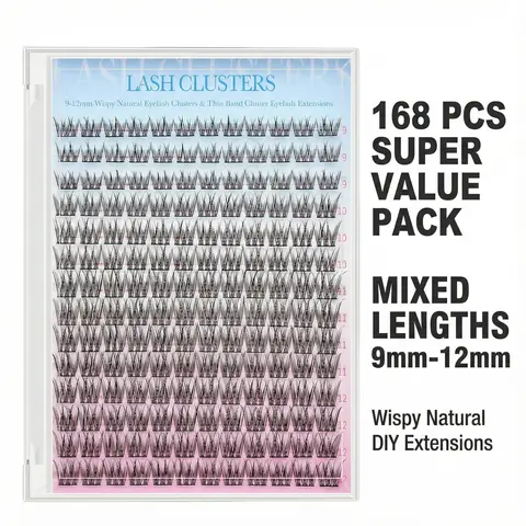 Natural Lash Extension Kit 168Pcs Wispy EyelashExtensions Kit Individual Lashes Extensions withLash Bond & Seal & Tweezers for Beginners cluster applicator makeup cosmetic cosmetic Gentle eyelashes & adhesives 0.05mm cluster kit Brush