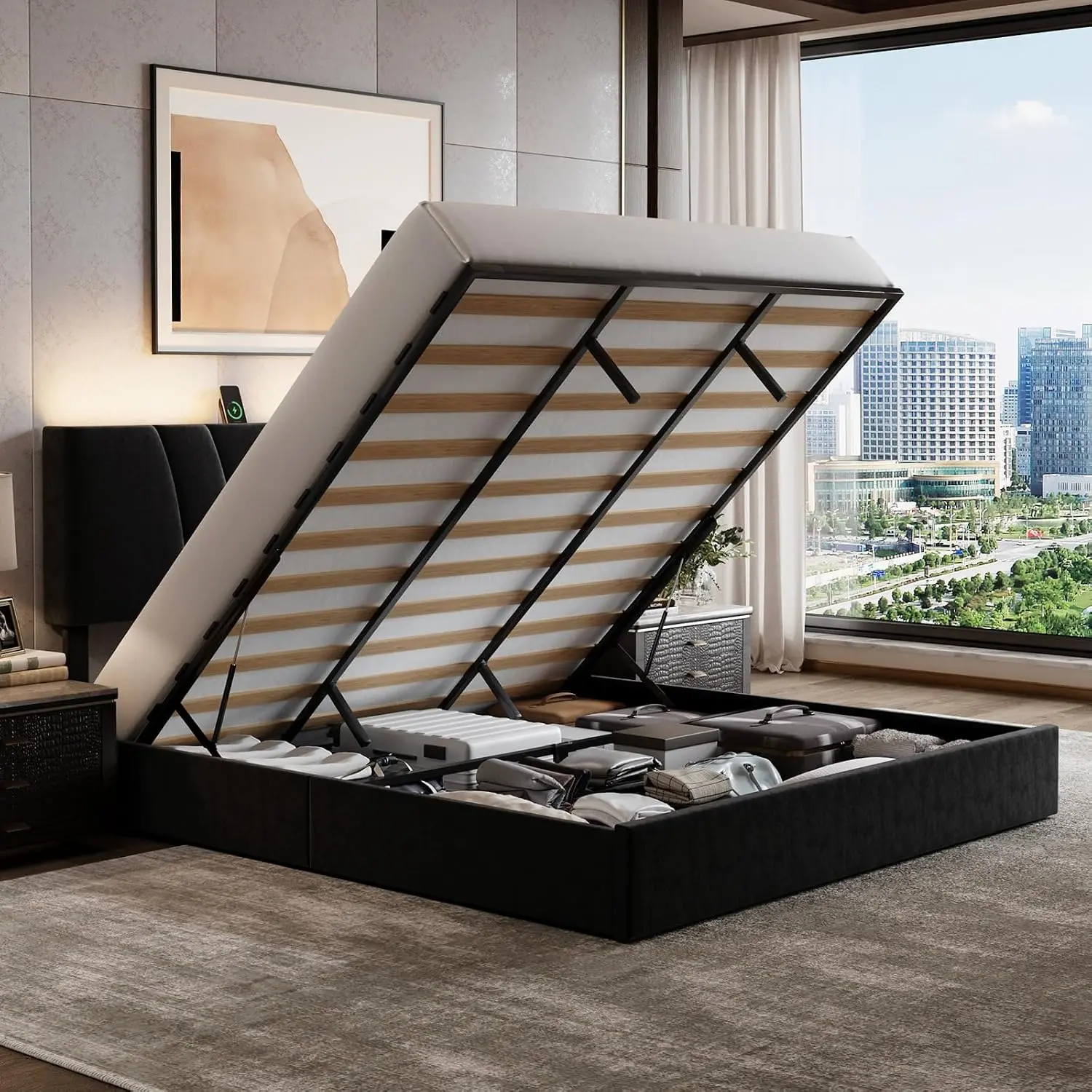 Novilla King Lift Up Storage Bed Frame, 3-Height Adjustable Upholstered Headboard with Charging Station and LED Light, Hydraulic Support King Size Bed Frame