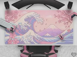 [SALE OFF 40%] [Freeship] [USA Only] Kawaii Cherry Blossom Great Wave Mousepad, Cute Pastel Pink & Blue Sakura Desk Mat, Large Anime Mat For Gaming And Office