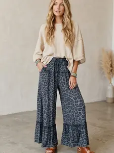 Women's Casual High Waisted Lounge Pants Leopard Print Wide Leg Trousers Flowy Ruffle Hem Palazzo Pants with Drawstring