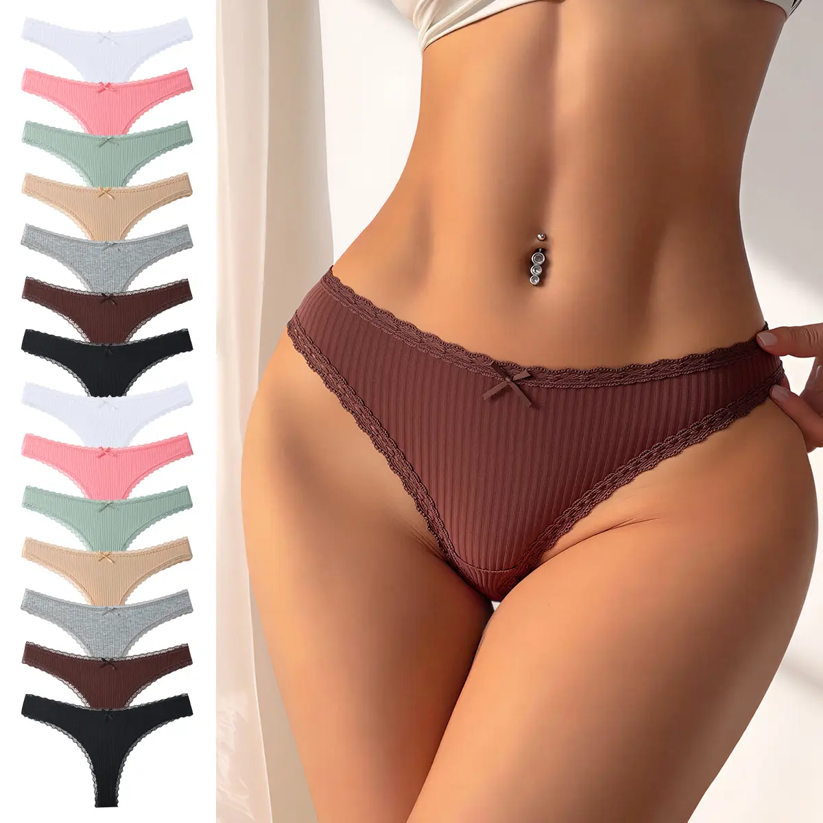 HOTCOM Multicolor Comfort Stretch Cute Thongs Panties Womens Cotton Thongs Soft Comfort Underwear Panty Multipack low-waisted Thong Panty Pack Hi-cut Lettuce Trim Underpants