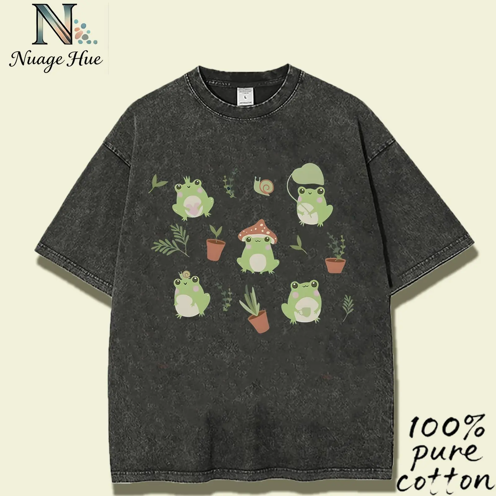 Vintage Washed Cottagecore Frog Collage Graphic T-Shirt, 100% Cotton Oversized Casual Tee, Cute Frog Mushroom Snail Print, Y2K Aesthetic Streetwear for Frog Lovers Graphic T Shirt Deals Graphic T Shirts for Men Tiktok Shop Deals