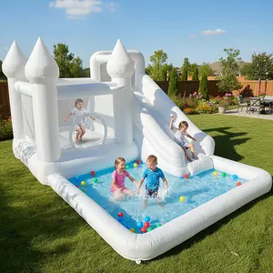 White Large Inflatable Water Slide Pool Children Summer Water Play Bounce House With Ball Pit Kindergarten Play House Outdoor Backyard Water Park