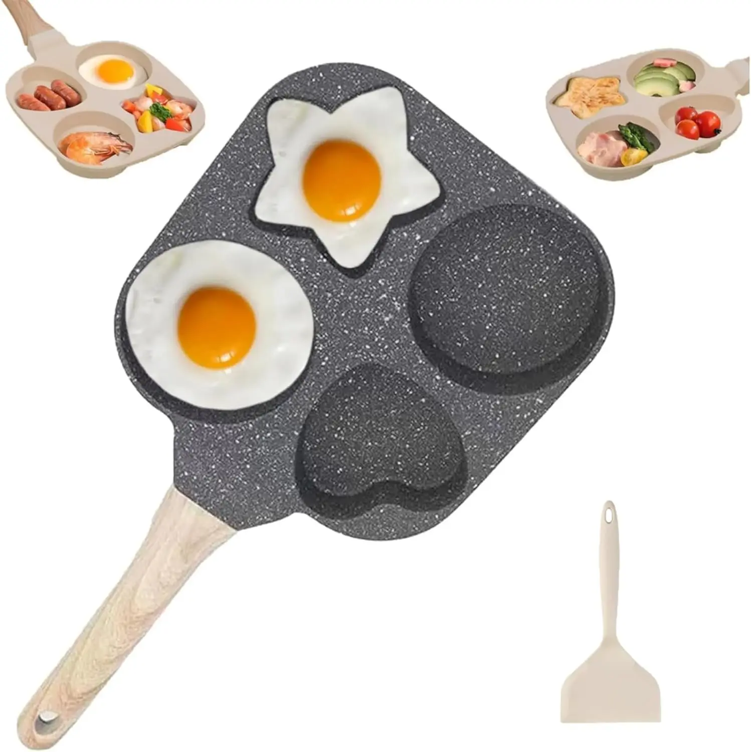 Creative Shaped 4-Hole Non-Stick Frying Pan with Handle - Kitchen Cookware for Frying Eggs, Pancakes, Student Breakfast Bento Prep