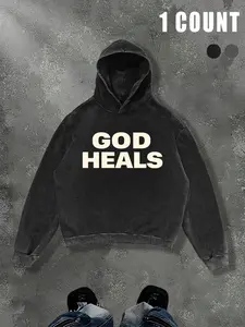 Y2K Style God Heals Fitted Hoodie, Religious Quote Christian Hooded Sweatshirt, Streetwear Casual Fall Winter Cotton Pullover