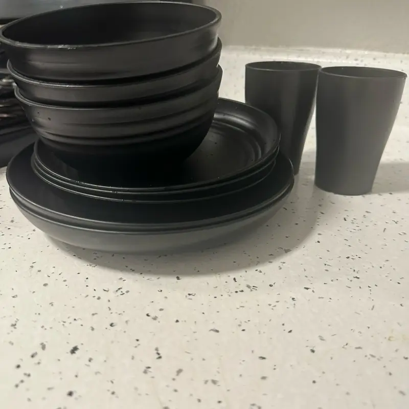 plasticcups straw 16-Pc Black & White Kitchen Set: Plates, Bowls, Cups ️ | Dishwasher & Microwave Safe | Lightweight for Camping & Daily Use! KitchenEssentials cereal