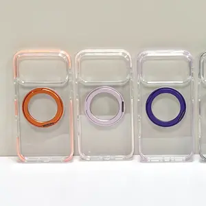 MagSafe Compatible Clear Phone Case with Magnetic Ring Stand, Shockproof Transparent iPhone Cover with Raised Camera Protection