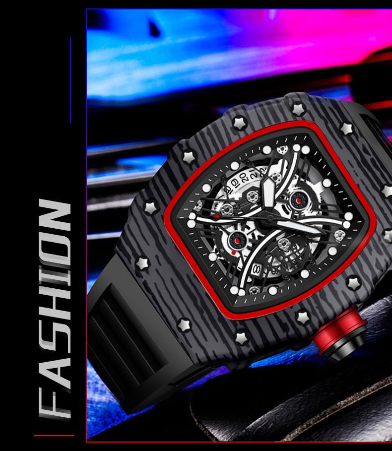 Men's Carbon Fiber Skeleton Tonneau Watch, Black Silicone Band, Sporty Quartz Wristwatch
