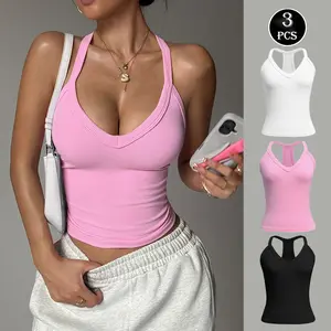 3 Pack Women's Halter Tank Tops, V Neck Ribbed Sleeveless Crop Tops, Casual Layering Camisole for Women, 4 Way Stretch Breathable Tops for Workout Yoga Daily Outing - TCVC