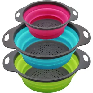 3 Pack Round Foldable Silicone Colanders Multi Size Kitchen Food Strainer for Pasta Fruit Vegetable Draining