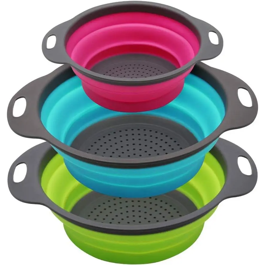3-Piece Round Foldable Silicone Food Colander Set Pack, Multi-Size Kitchen Gadgets Set - Over the Sink Collapsible Strainer for Drain Pasta Fruit, Home Supplies Storage Organizer, Round Shape