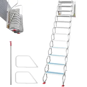 VEVOR Attic Steps Pull Down 12 Steps Attic Stairs, Alloy Attic Access Ladder, Blue Pulldown Attic Stairs, Wall-mounted Folding Stairs for Attic, Retractable Attic Ladder with Armrests, 9.8 feet Height