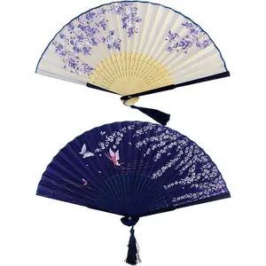 2 Pieces Handheld Fans, Silk Folding Fans with Bamboo Frames for Dancing Cosplay Wedding Party Props Decoration, White Blue