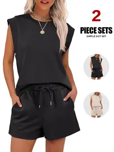 Women's Two-Piece Set, Crew Neck Loungewear Shorts & Top, Cap Sleeves, Drawstring Design, Pockets, All-Season Casual Wear Womenswear, Adjustable