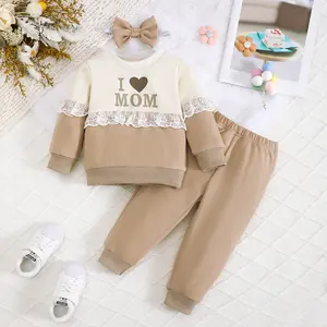 Ready Stock 6m-3y Baby Girls Clothes Letter Print Colorblock Lace Pullover Tops Elastic Pants Headband 3Pcs Outfit Set For Fall Winter Apricot 132407312