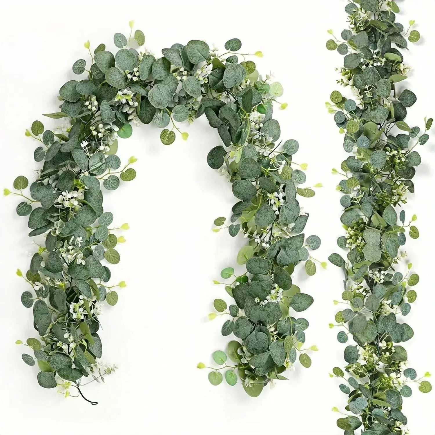 Eucalyptus Flower Wreaths with White Flowers Green Artificial Leaf Wreaths Table Runner Vines for Wedding Arch Fireplace Party Room Decoration
