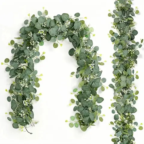 Nature Synthetic Eucalyptus & White Flower Party Decor Set - 2pcs Eucalyptus Flower Wreaths, Green Leaf Arch Trellis, Table Runners, Garlands, Swags, Low-Effort Setup Wedding Party Supplies for Weddings, Anniversary, No Upkeep Home Decor