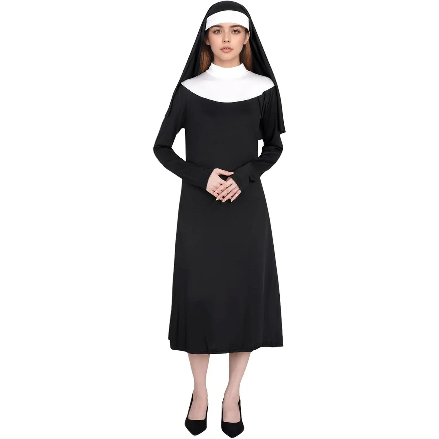 Halloween Women Nun Costumes Adult Nun Outfit Black Women Nun Dress with Headpiece for Dress Up Party Cosplay