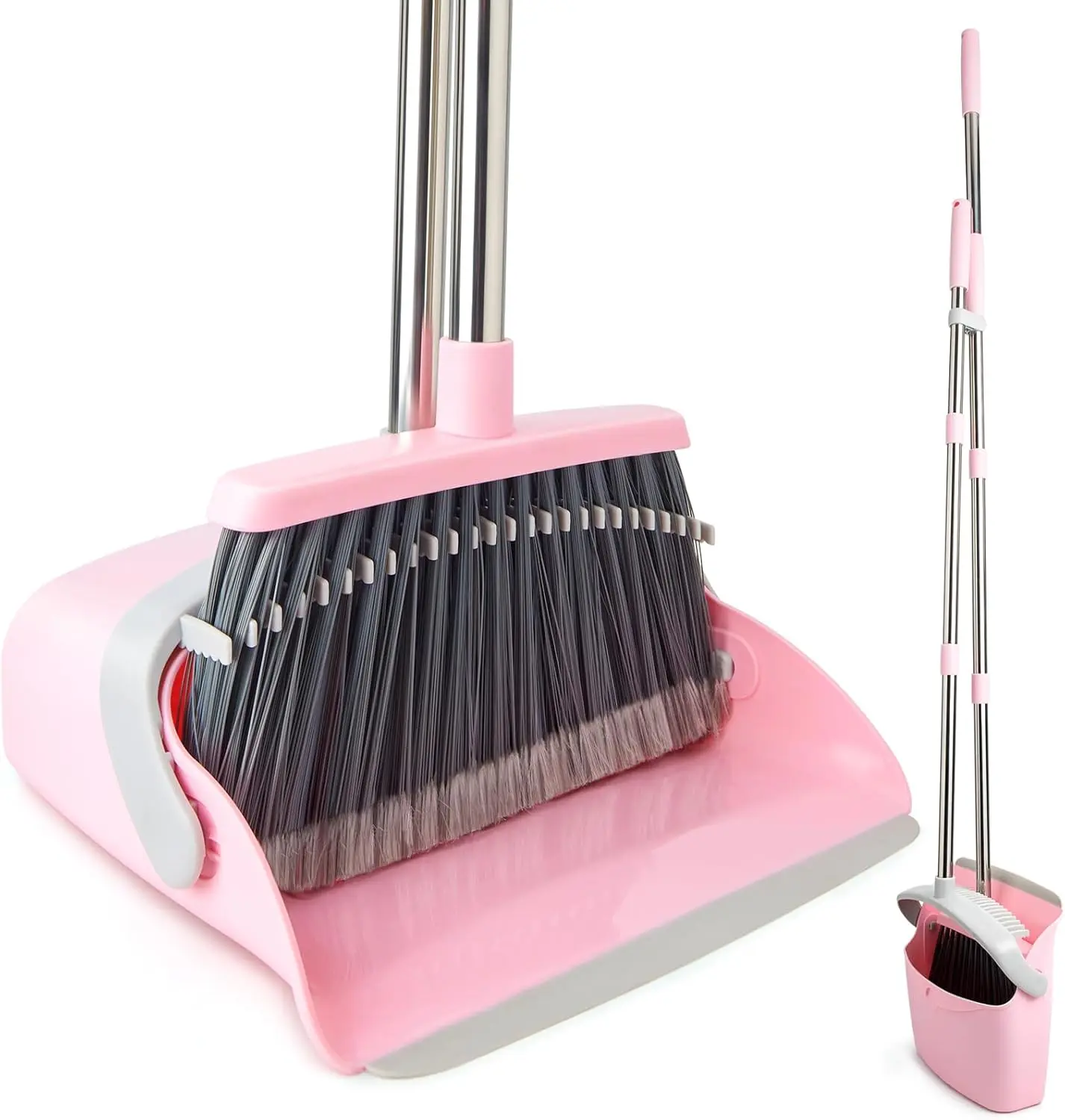 Household Rubber Broom and Dustpan Set - Collapsible Adjustable Long Handle, Standing Dustpan with Comb, Efficient Sweep Cleaner for Home Kitchen (Gray Blush Pink)