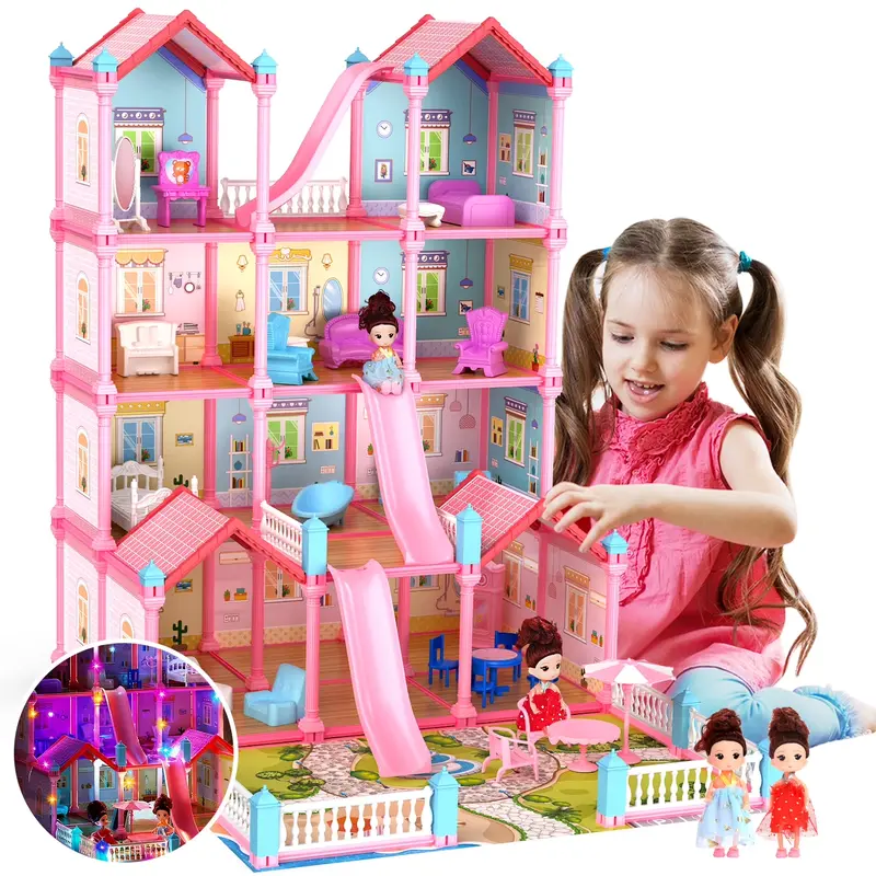 Eaglestone Unisex Doll Playsets - 24-Inch Pink Thick Cardboard Dollhouse Assembly Kit, 14-Room Furniture, Colorful Light Strips, 26in×19in×28in, Fairy Tale Pretend Playhouse, All Seasons House Decoration, Great Toy Gift Choice for Girls Ages 3+