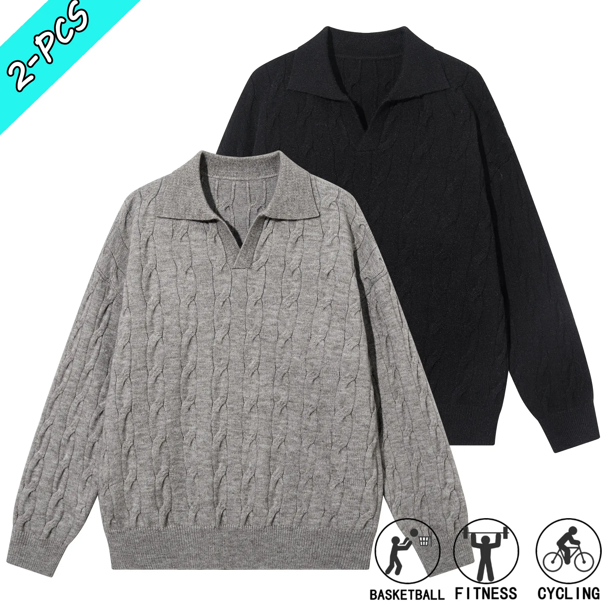 Men’s spring/autumn 2-pack solid-color V-neck loose knit sweater, unisex design, casual and stylish, suitable for everyday wear, commuting to work, and street outings.