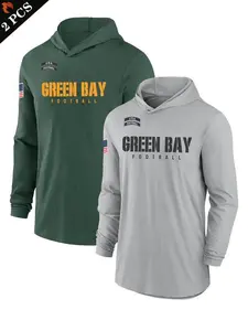 2-PCS Men's Green Bay Football Hooded Long Sleeve T-Shirt Set, Athletic Sports Clothing, Breathable Lightweight Loose Fit, Casual Gym Sports Outdoor Wear