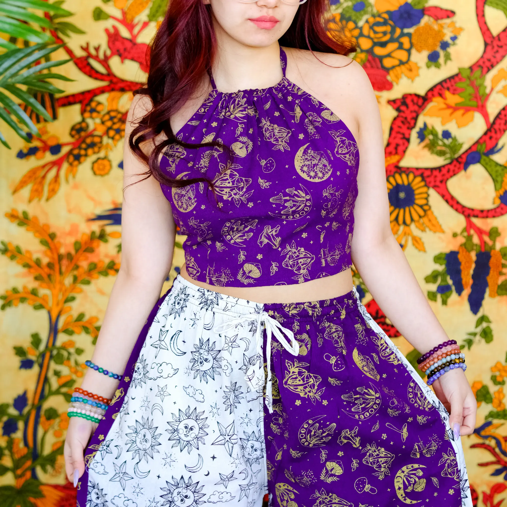 Summer Halter Cotton Top, Whimsical Festival Top, 70s and 90s,Crop Top, Hippie Boho Blouse, Backless Tie Top, Mushroom Print, Bohemian Style, Whimsical Vibe, Plus Size Inclusive, Block Print , Retro Style Top