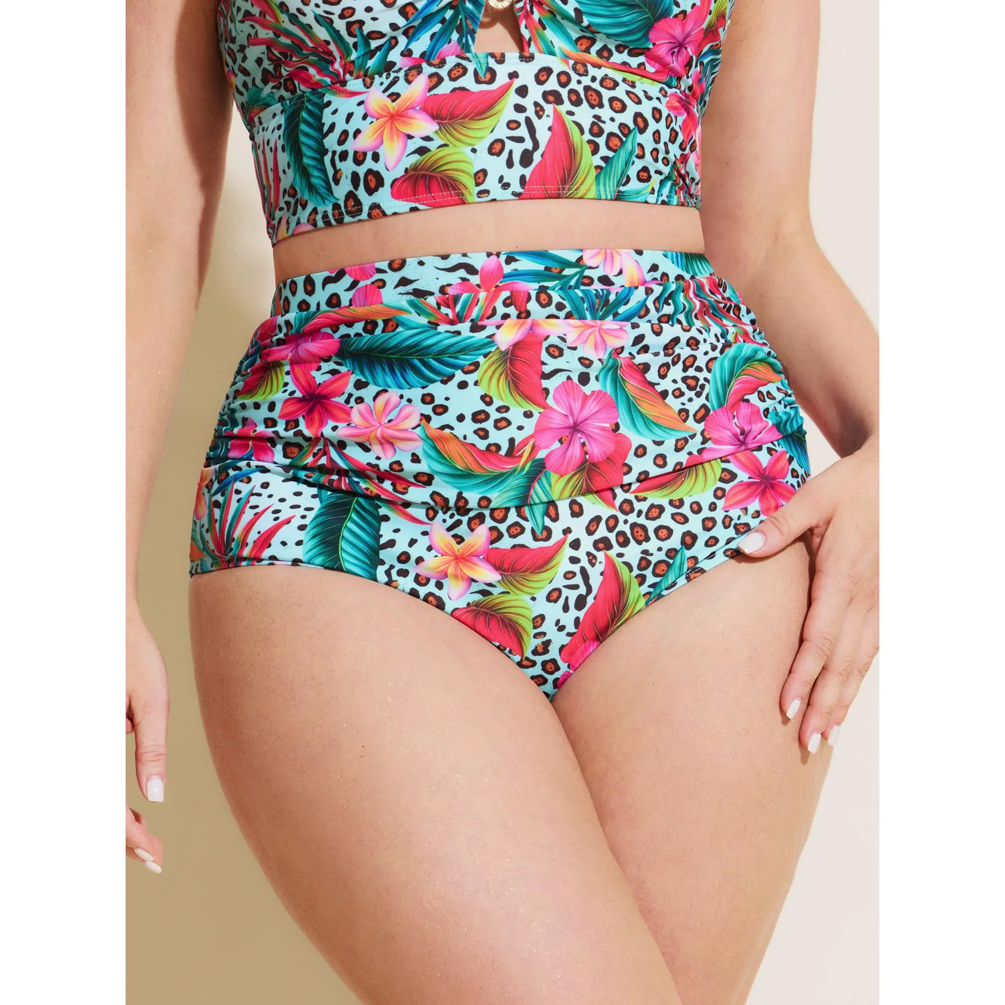 Plus Size High-Waisted Bikini Bottoms,Mint Leopard Print Swimwear with Tummy Control,Chlorine Resistant High Stretch Fabric,Bikini Beach Wear,Bikini Swimsuit Outfit,Summerfinds