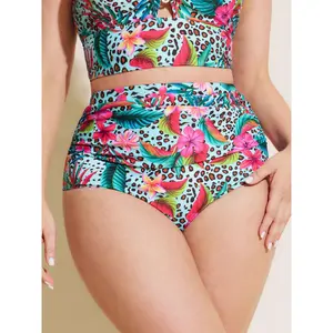 Plus Size High-Waisted Bikini Bottoms, Mint Leopard Print Swimwear with Tummy Control, Chlorine Resistant High Stretch Fabric, Bikini Beach Wear, Bikini Swimsuit Outfit