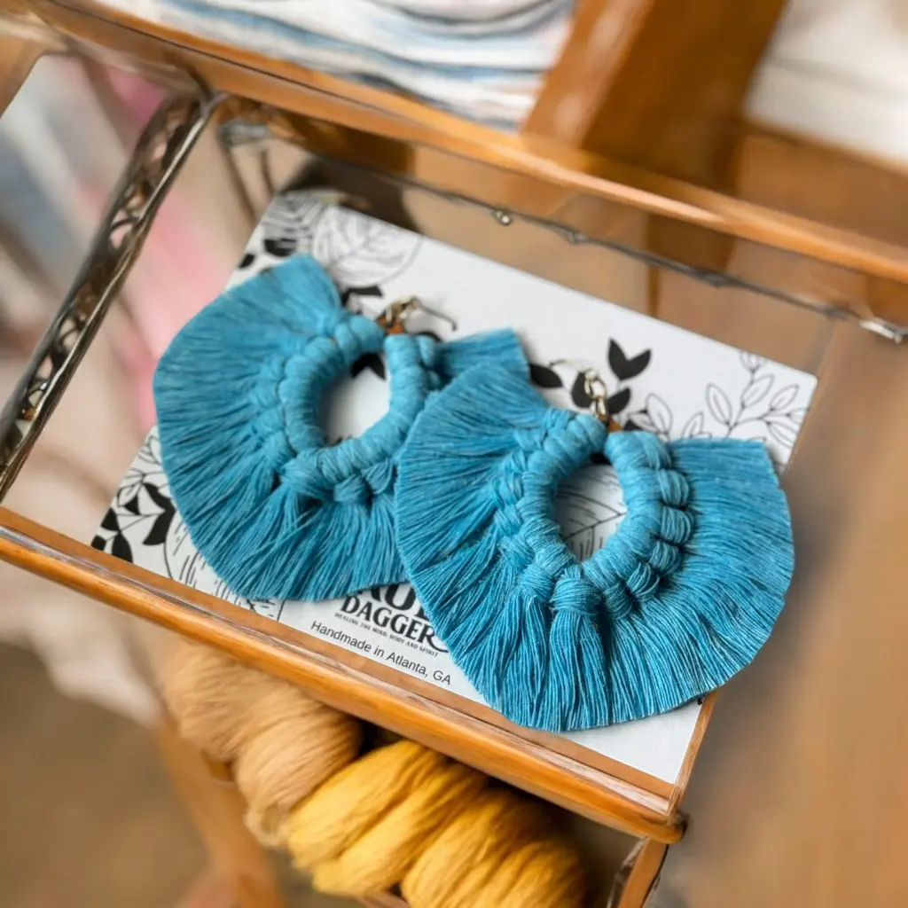 Handmade Macramé Earrings "Sea Blue" with Decorative Design and Textured Finish
