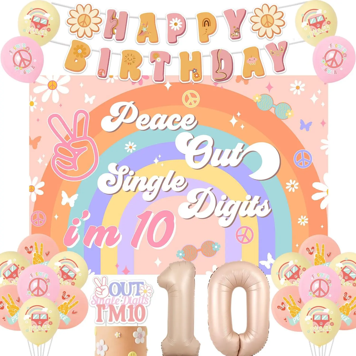 1Set Peace Out Single Digits Party Decoration Girl Groovy 10th Birthday Decorations Boho Happy Birthday Banner Peace Out Single Digits Im 10 Backdrop Cake Topper Number 10 foil balloon for 10th Birthday