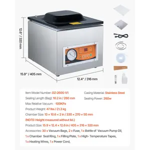 VEVOR Chamber Vacuum Sealer, 260W Sealing Power, Vacuum Packing Machine for Wet Foods, Meats, Marinades and More, Compact Size with 10.2 in Sealing Length, Applied in Home Kitchen