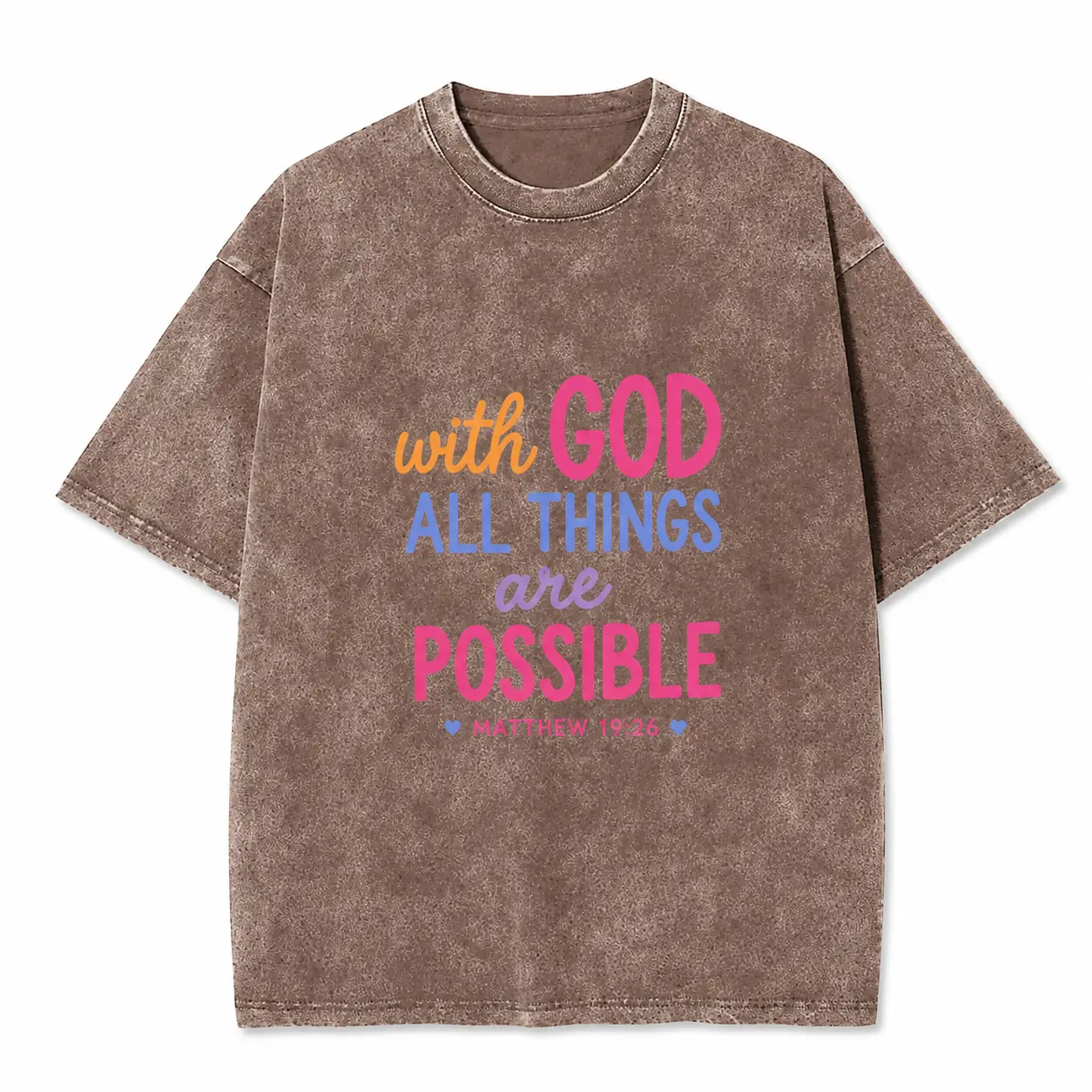 “With God All Things Are Possible” T-Shirt, Brown Acid Wash Oversized Cotton Christian Graphic Tee, Matthew 19:26 Faith-Based Unisex Streetwear