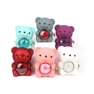 Creative Valentine's Day Hugging Bear Rotating Eternal Flower Jewelry Box High-end Rose Flower Gift Ring Storage for Mom Best Friend
