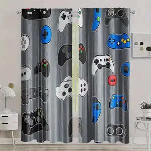 2pcs Polyester Cartoon Theme Drapes, Game Controller Pattern Rod Pocket Lightweight Curtains, Bedroom & Living Room Decor, Fun Kids' Window Treatments