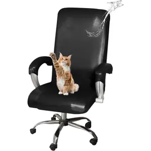 Waterproof Stretchable Office Chair Covers with Armrest Covers, Leather Rolling Chair Seat Cover for Cat, Black XL