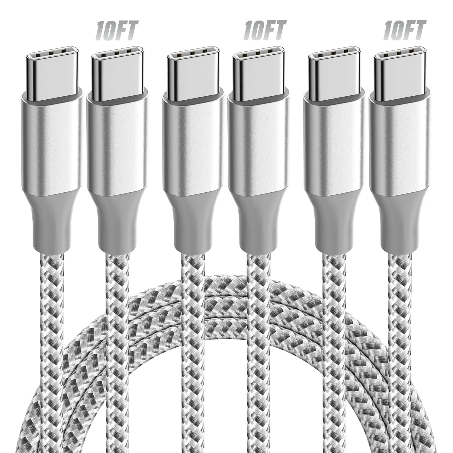 USB C Cable，3 Pack 10FT 60W Fast Charging USB C to USB C Cable, Durable Type C Charger Cable for iPhone 17/16/15/iPad MacBook CarPlay and More-Grey White