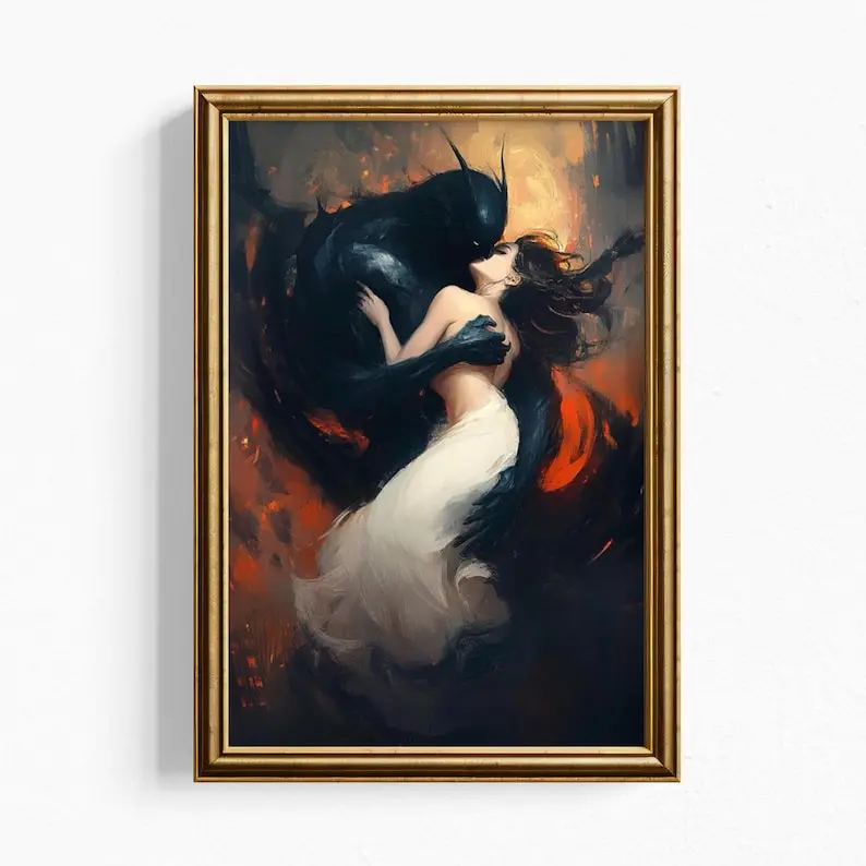 [Unframed] Dark Academia Fantasy Art Print – Shadow Demon & Maiden Wall Decor – Gothic Romantic  for Moody Home or Bedroom