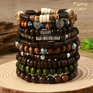10PCS Boho Wooden Beaded Bracelet Set for Women & Men, Trendy Couple Friendship Bracelet Stack, Handmade Fashion Bead Chain Jewelry, Unisex Wrist Accessories for Daily Wear, Beach, Party & Gift Idea