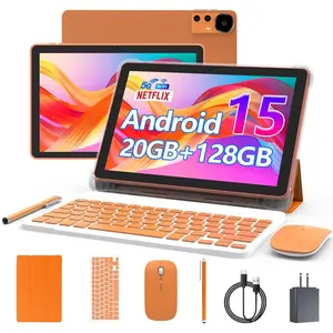 Android 15 Tablet 10 Inch, 20GB RAM+128GB ROM/2TB Expandable, 2.0GHz Quad-core Processor, 1280*800  Screen, 5G WiFi6 BT5.0, 2 in 1 Tablets with Keyboard Case  Stylus, Widevine L1 Orange