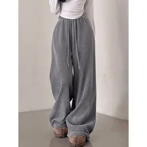 Autumn Winter High Waist Straight Leg Pants, Multiple Colors Available, Girls Casual Loose Drawstring Elastic Waist Corduroy Long Pants