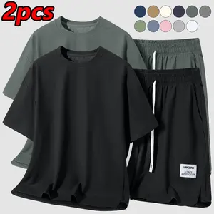 Lightweight men’s summer two-piece set featuring a crew neck short-sleeve top and shorts, with drawstring ties; casual and stylish, available in multiple colors, suitable for everyday wear and outdoor activities.