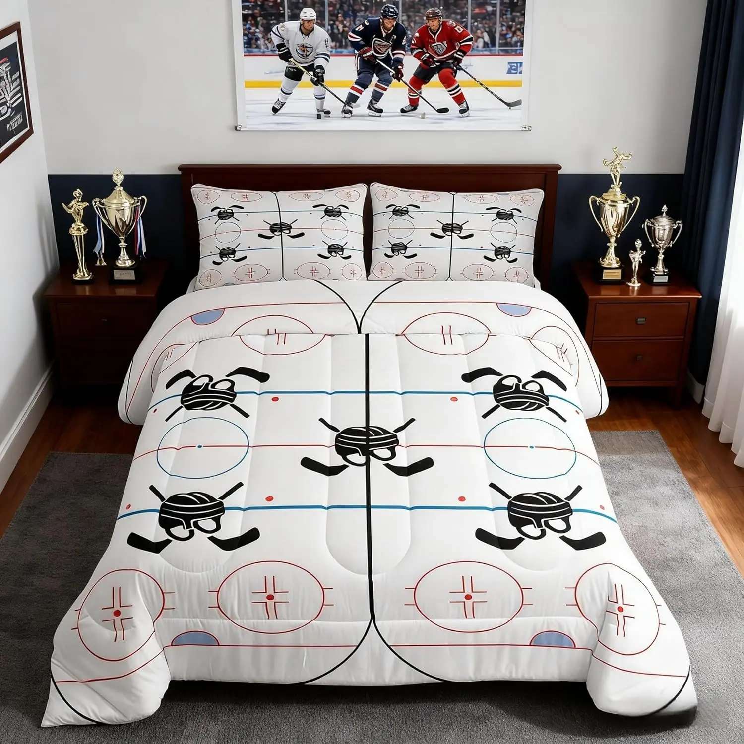 Hockey Stadium Comforter Set,Ice Hockey Rink Bedding Set Adults Bedroom Decor,Winter Event Sports Lovers Down Comforter,Abstract Vivid White Duvet Insert,