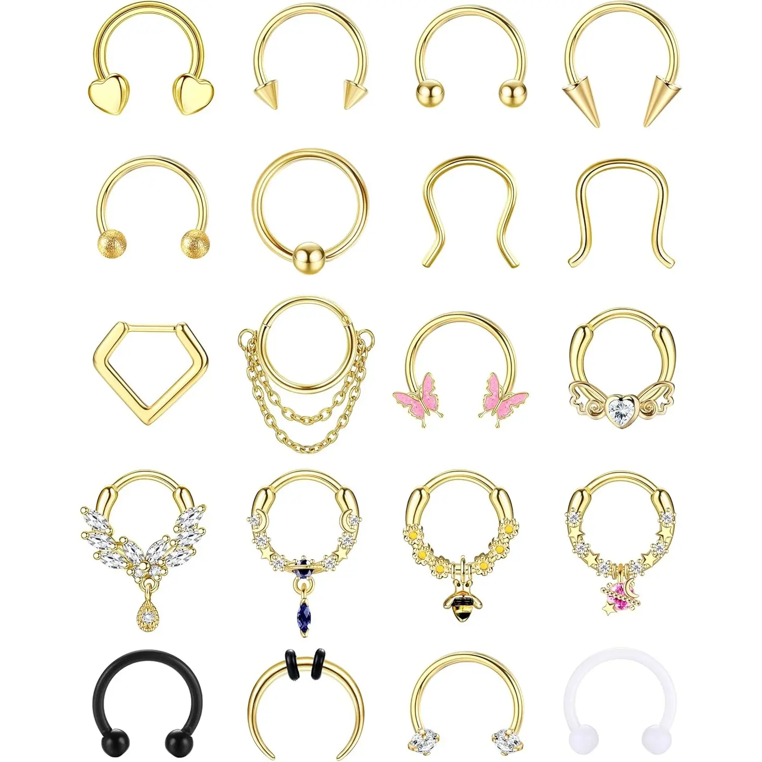 FIASASO 20Pcs 16G Gold Geometric Septum Rings Set, Surgical Steel Septum Clicker Dangle Nose Hoops, CZ Star Bee Heart Butterfly Chain Body Jewelry for Women Men, Body Jewelry Set